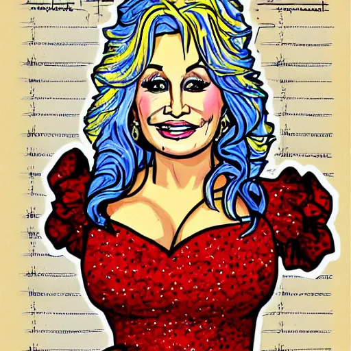 Image similar to dolly parton character sheet, illustration, sketch, portrait, gaudy colors, traditional painting, rough paper