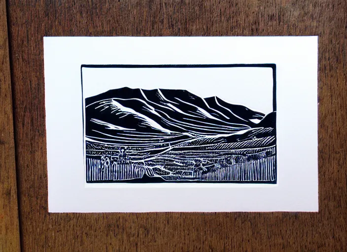 Image similar to a beautiful linocut print on paper of The highlands of Scotland