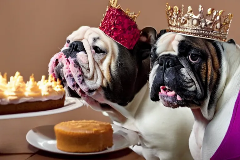 Image similar to an english bulldog wearing a crown and eating cake