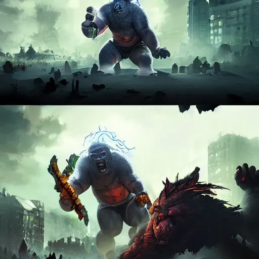 Image similar to a huge angry violent ogre stomps through a suburban neighborhood, people run, by yuumei, bayard wu, wlop, tim white, ross tran, 4 k