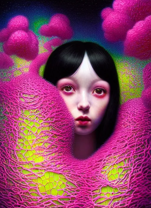 Image similar to hyper detailed 3d render like a Oil painting - kawaii portrait Aurora (black haired Fae acrobat) seen Eating of the Strangling network of yellowcake aerochrome and milky Fruit and Her delicate Hands hold of gossamer polyp blossoms bring iridescent fungal flowers whose spores black the foolish stars by Jacek Yerka, Mariusz Lewandowski, Houdini algorithmic generative render, Abstract brush strokes, Masterpiece, Edward Hopper and James Gilleard, Zdzislaw Beksinski, Mark Ryden, Wolfgang Lettl, hints of Yayoi Kasuma, octane render, 8k