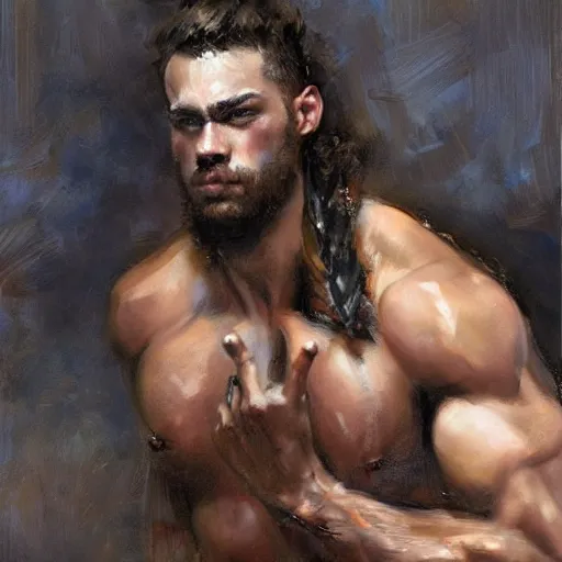 Image similar to muscular gigachad with face of shakira, by daniel gerhartz, trending on art station