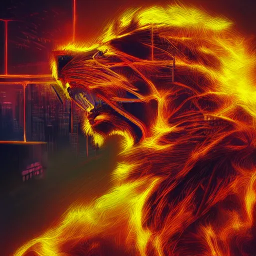 Image similar to fire lion, art, cyberpunk