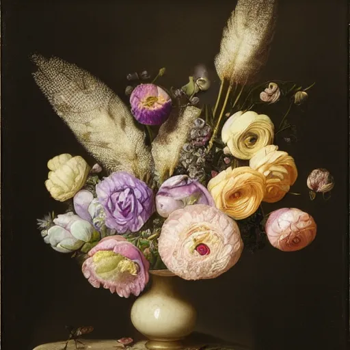 Image similar to still - life of bouquet of lilac and ranunculus with honeycomb bees and birds feathers, rachel ruysch, dark, moody