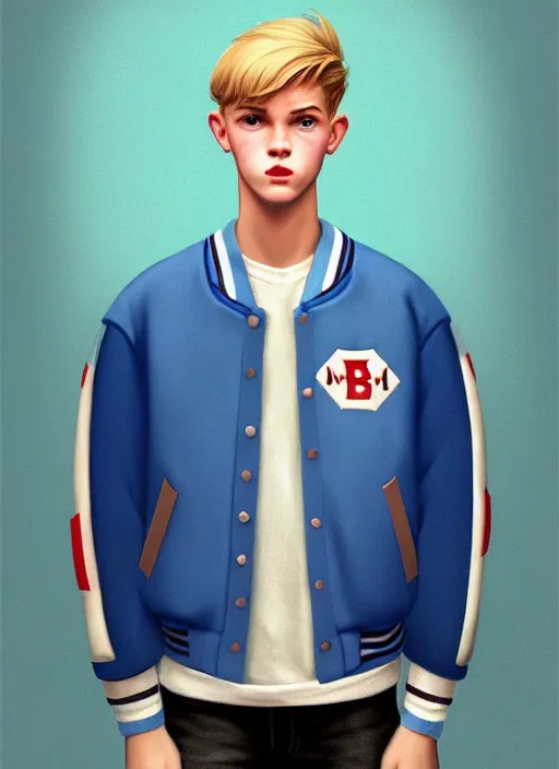 Image similar to portrait of a teenage boy named moose mason, blonde short hair, jock, beefy, square jaw, square facial structure, 1 9 5 0 s, blue varsity jacket, intricate, elegant, glowing lights, highly detailed, digital painting, artstation, concept art, smooth, sharp focus, illustration, art by wlop, mars ravelo and greg rutkowski