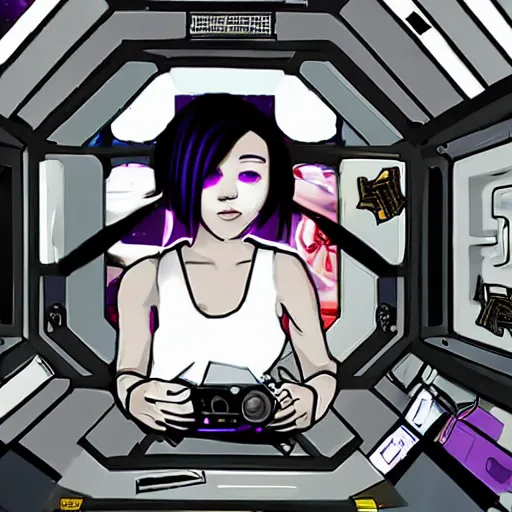 Prompt: really beautiful emo girl playing videogames in a space station in space, hyperdetailed