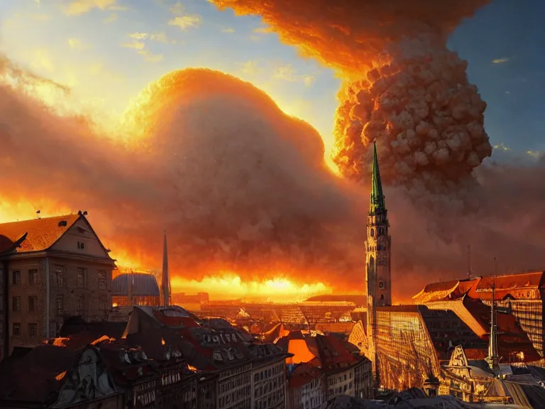 Image similar to , city of munich!!!, nuclear explosion!!!, nuclear strike!!!, rubble, hyperrealistic, highly detailed, cinematic, golden sunlight, beautiful, cgssociety, artstation, 8 k, oil painting by greg rutkowski, by artgerm, by wlop