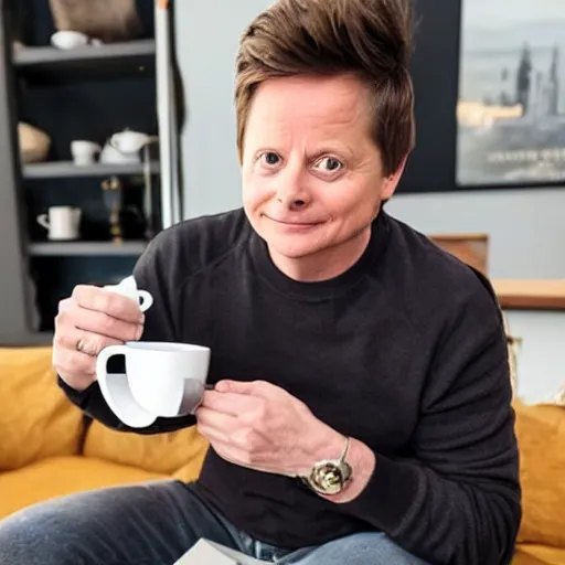 Image similar to Michael J Fox drinking coffee put a poop emoji mug