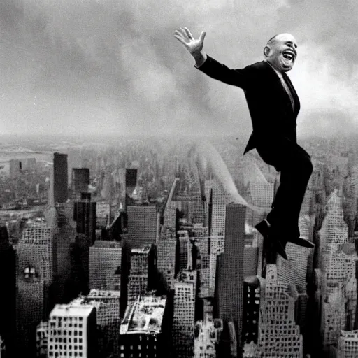 Prompt: crt surveillence footage hyper detailed focused closeup fish eye lens photograph of Rudy Giuliani laughing hysterically tap dancing on top of the world trade center rubble pile in ny