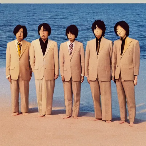 Image similar to a group of japanese men wearing beige suits standing in the ocean, sunset, ((yellow magic orchestra)), ((tatsuro yamashita)), album cover, 1981, grammy award winning