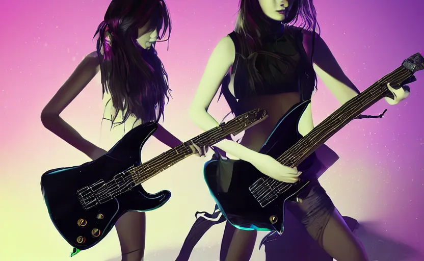 Image similar to rockstar girl playing electric guitar on stage. by amano yoshitaka, digital art, digital painting, artstation trending, unreal engine