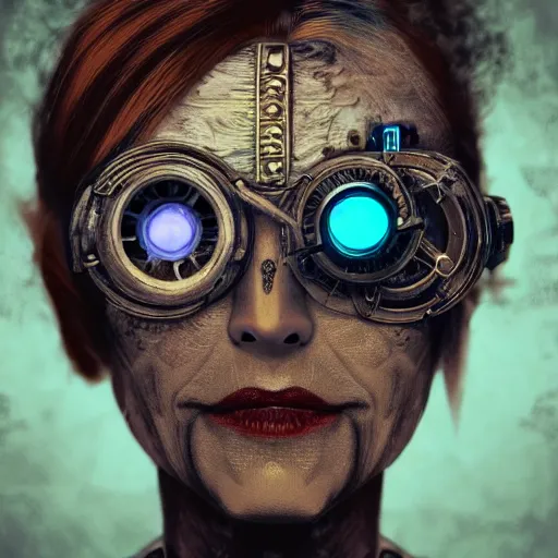 Prompt: Intricate hyperrealistic steampunk portrait of a grunge old female robot face, the right eye has blue neon glowing, background is a soft lit white colored room, wide screen format, film grain