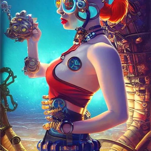 Image similar to underwater lofi bioshock steampunk biopunk portrait of harley quinn in bikini, Pixar style, by Tristan Eaton Stanley Artgerm and Tom Bagshaw.