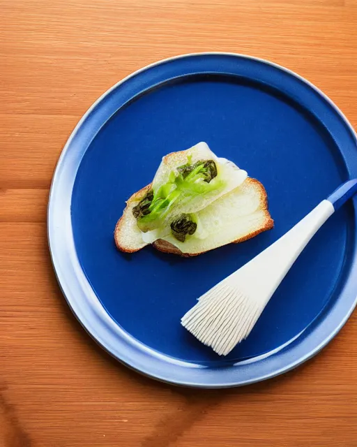 Prompt: elegant and fancy food photography of dish consisting of a toast with spreaded blue toothpaste and a toothbrush in a michelin star restaurant,