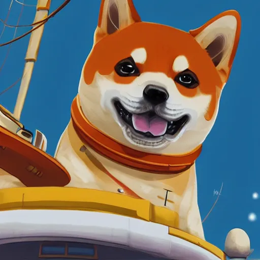 Image similar to cute shiba astronaut on a flying ship, treasure planet style, digital art, 4 k, realistic, vivid colors