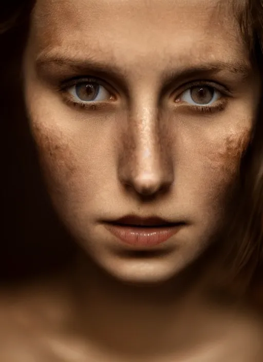 Image similar to photographic Close-up face of a extremely beautiful girl with clear eyes and light brown hair , high light on the left, non-illuminated backdrop, illuminated by a dramatic light, Low key lighting, light dark, High constrast, dramatic , Steve Mccurry, Lee Jeffries , Norman Rockwell, Craig Mulins ,dark background, high quality, photo-realistic, 8K,