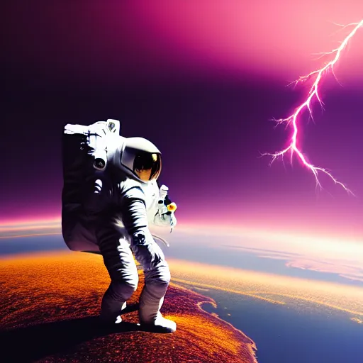 Image similar to astronaut finding a flower on an alien planet with mountains, water, strange clouds, hyper realistic, dramatic lightning, ray tracing, 8 k