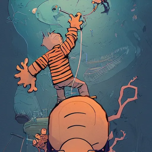 Image similar to a study of cell shaded portrait of Calvin and Hobbes concept art, llustration, post grunge, concept art by josan gonzales and wlop, by james jean, Victo ngai, David Rubín, Mike Mignola, Laurie Greasley, highly detailed, sharp focus, alien, Trending on Artstation, HQ, deviantart, art by artgem