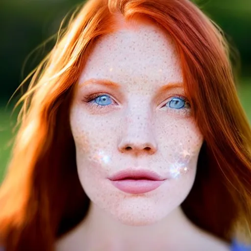 Prompt: close up portrait photo of the left side of the face of a redhead woman with galaxy of stars in her eyes, she looks directly at the camera. Slightly open mouth, face covers half of the frame, with a park visible in the background. 135mm nikon. Intricate. Very detailed 8k. Sharp. Cinematic post-processing. Award winning photography