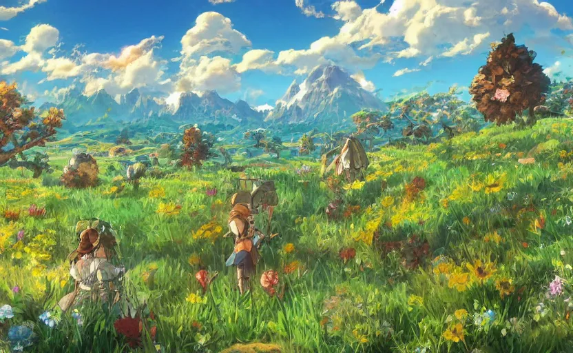 Image similar to fantastic anime sunny meadow with flowers, lone old Oak in the middle plane and mountains on the background, by Hayao Miyazaki, Nausicaa, Ghibli, Breath of the wild, Anime wallpaper