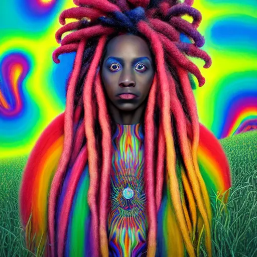 Image similar to a wide angle shot of a black girl with colorful dreadlocks in a field of candy, by Adi granov and afarin sajedi and amanda sage and evgeni gordiets and Agostino Arrivabene and adonna khare in a psychedelic portrait style, ultrarealistic matte painting, volumetric lighting, fractal, extremely symmetrical, highly detailed face, orisha, 8k, hd