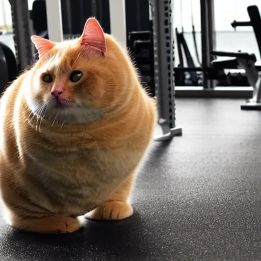 Image similar to very fat cat doing exercise at the gym, photorealistic, hd