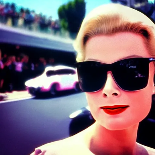 Image similar to selfie smartphone photo of a young Grace Kelly at the Monaco Gran Prix, F1 cars blurred in background, iphone photo, smartphone resolution, trending on instagram, influencer photography