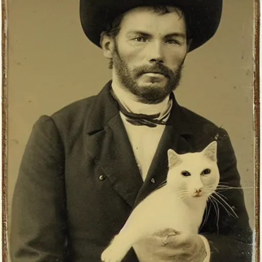 Prompt: close - up portrait of a cowboy holding a cat, 1 8 0 0 s