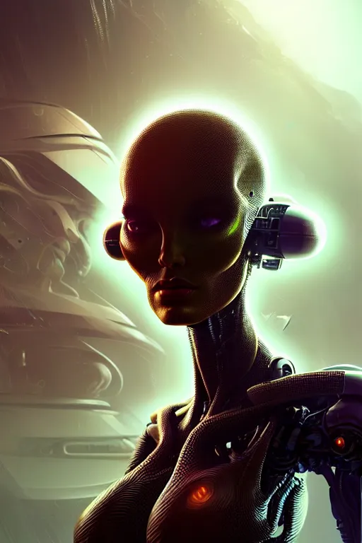 Image similar to attractive female alien - cyborg, close - up portrait, intricate, elegant, volumetric lighting, scenery, digital painting, highly detailed, artstation, sharp focus, illustration, concept art, luis rollo, ruan jia, steve mccurry, john berkey