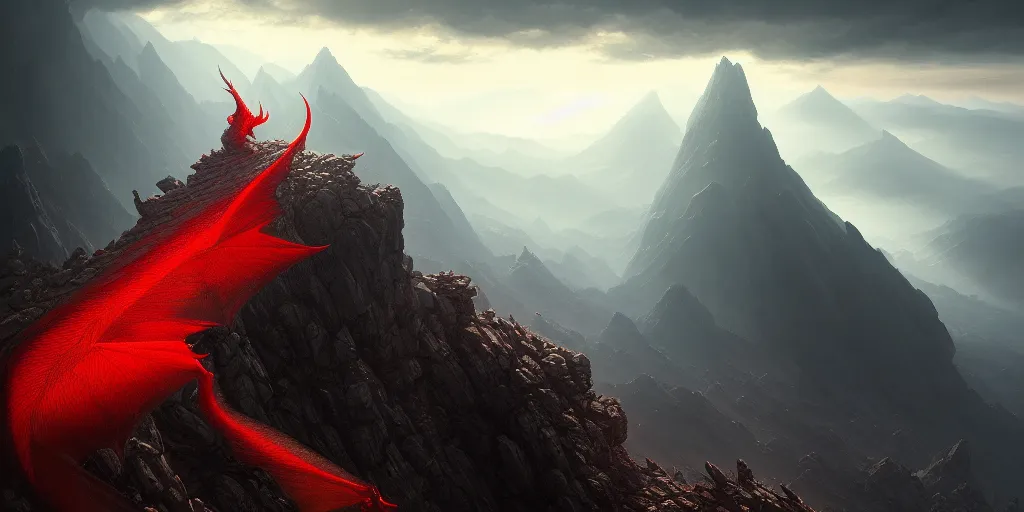 Image similar to red dragon standing on summit of a mountain, forest and valley below, ultra high definition, ultra detailed, symmetry, god rays, sci - fi, dark fantasy, by greg rutkowski