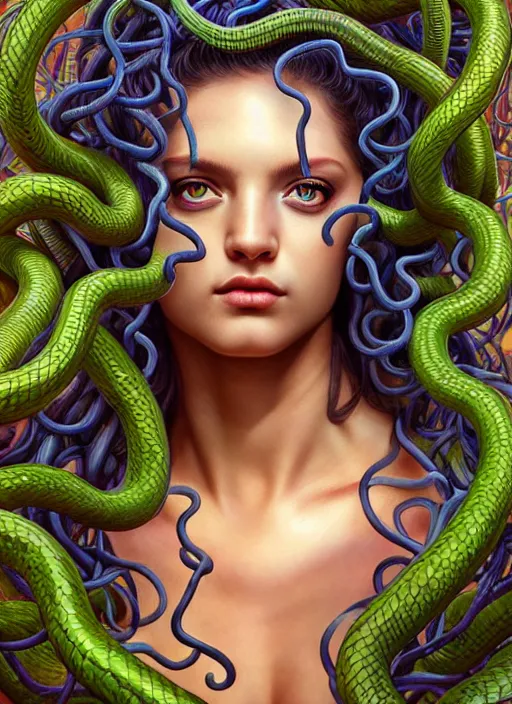 Prompt: photo of a medusa in the style of stefan kostic, realistic, half body shot, sharp focus, 8 k high definition, insanely detailed, intricate, elegant, art by stanley lau and artgerm, extreme bokeh foliage