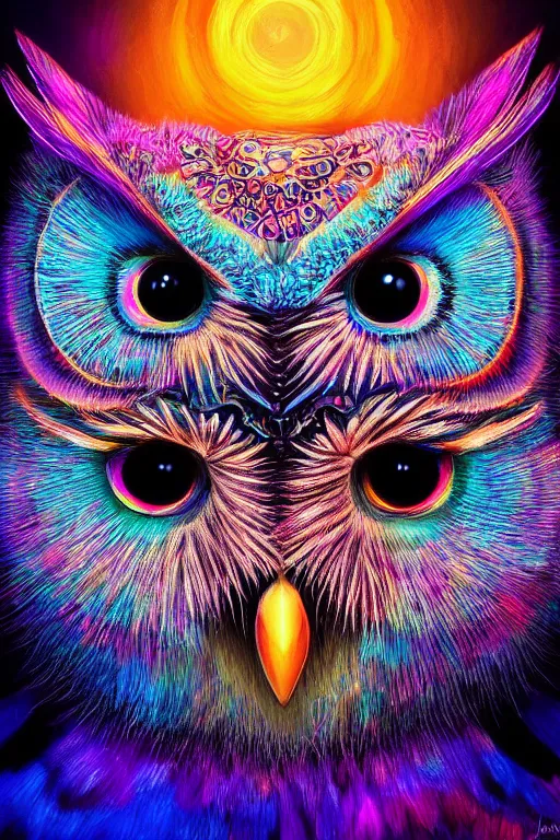 Prompt: glowing owl, beautiful colours, highly detailed, digital art, sharp focus, trending on art station