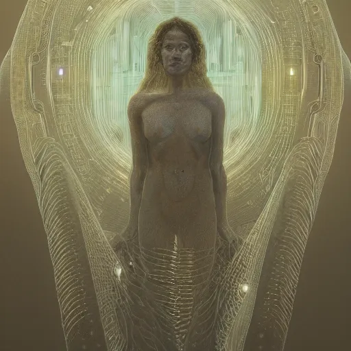 Image similar to Woman's portrait, crystals, flat background, glowing, wires everywhere, by Edgar Maxence and Ross Tran, Zdzisław Beksiński, and Michael Whelan, distant, gustav dore, H.R. Giger, 8k, octane render