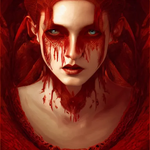 Prompt: portrait of burning woman, fire, blood red eyes, vampire fangs, fantasy, intricate, elegant, highly detailed, digital painting, artstation, concept art, matte, sharp focus, illustration, octane render, unreal engine, art by aenaluck and roberto ferri and greg rutkowski, epic fantasy, digital painting