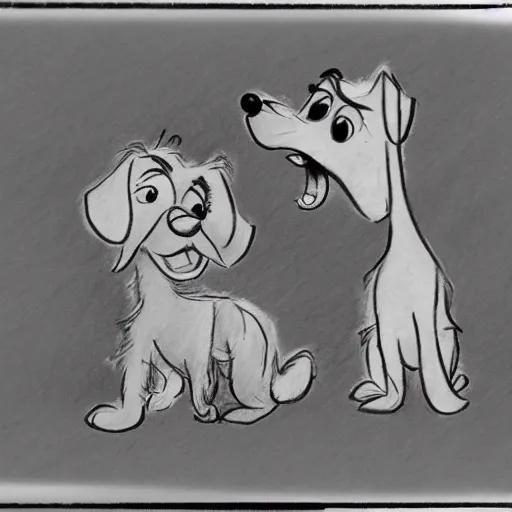 Image similar to milt kahl pencil sketch of happy mini schnauzer cartoon lady and the tramp style