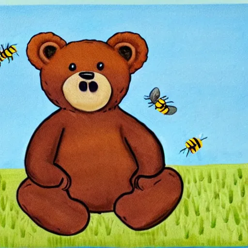 Prompt: children's book illustration of a bear with fuzzy bee coloured fur