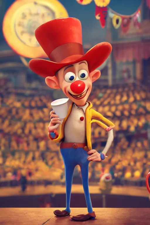 Image similar to portrait of a clown holding a cup of coffee with the circus in background, full body. pixar disney 4 k 3 d render funny animation movie oscar winning trending on artstation and behance. ratatouille style.