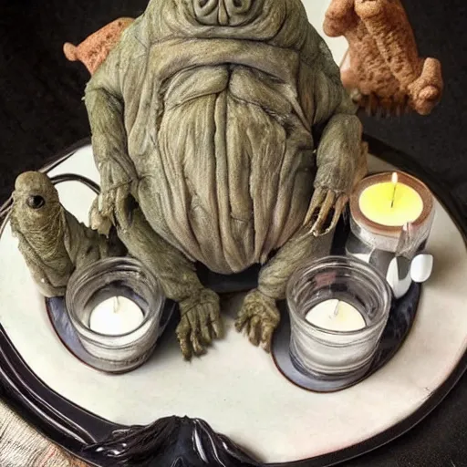 Image similar to tardigrade!!! dining room in a dark mansion, realistic, highly detailed, rests of food, candle lighting