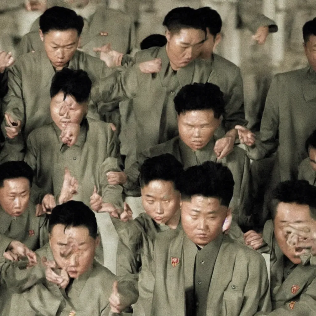 Prompt: low resolution filmstill of a north Korean thriller in the style of Kim Jong-il and Shinya Tsukamoto