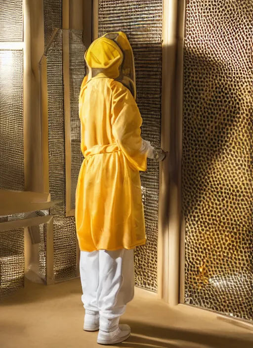 Image similar to futuristic female beekeeper, wearing silky nanotech honeycomb robe, dramatic lighting, golden colors, light shaft