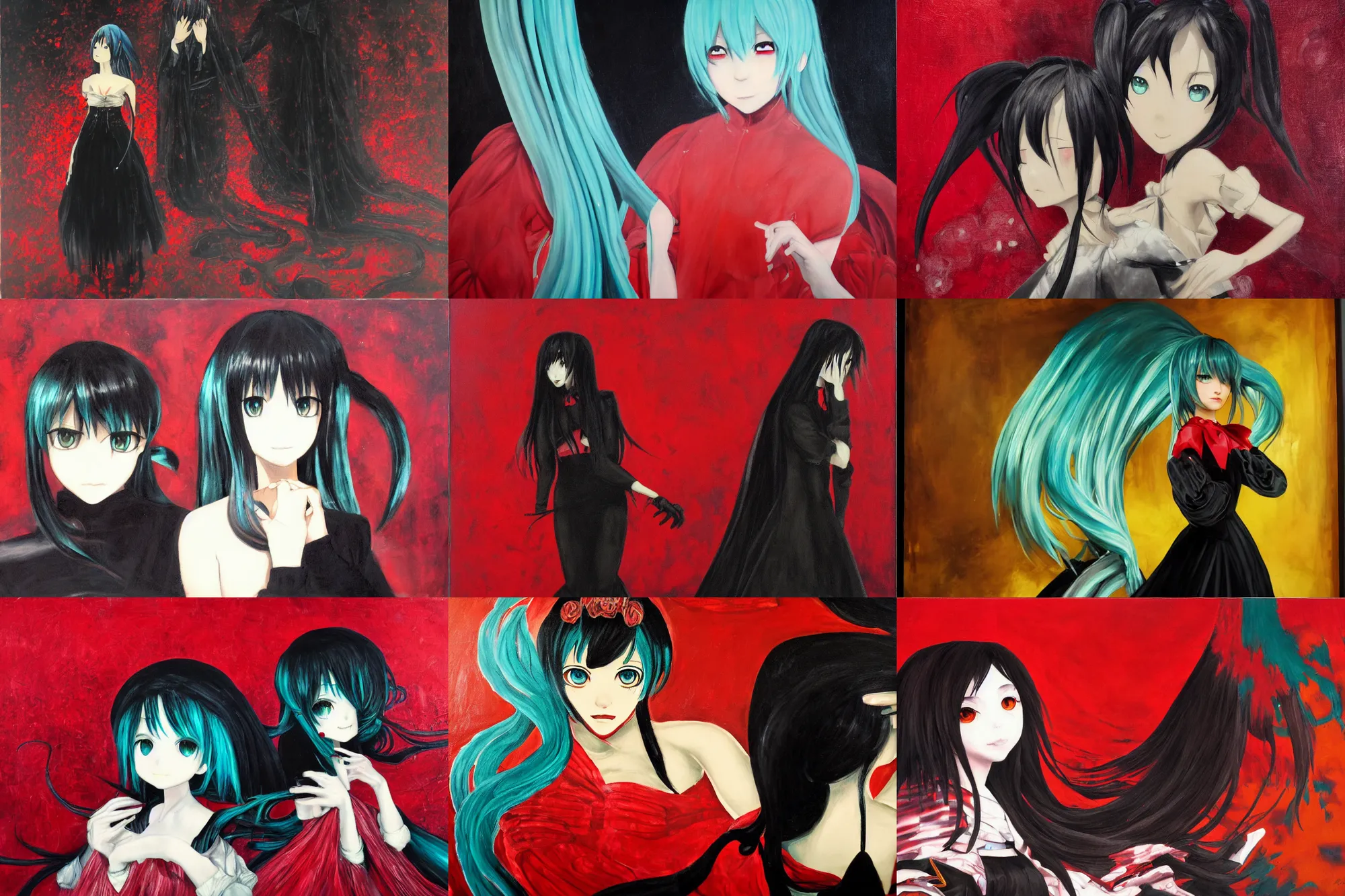 Prompt: tachisme, a very soft and dark haunting oil painting portait of hatsune miku in a black golden wedding dress, tachisme, scarlet background, by antonio saura and fernando zobel, ethereal, evil presence, haunted painting, tachisme, low lighting, georges mathieu, tachisme