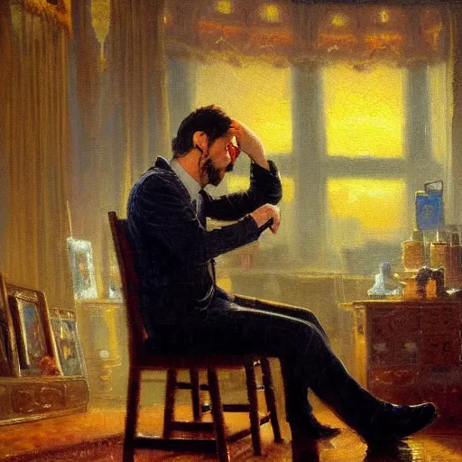 Prompt: detailed oil painting of tony stark wiping his glasses, sitting in an armchair in a room with the setting sun, by thomas kinkade, rembrandt, golden hour