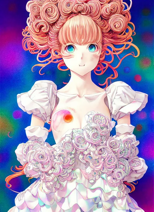 Prompt: manga of beautiful girl, robot, curls hair, rococo ruffles dress, rosette, pastel rainbow, pearlescent, shimmering, prismatic, reflective, rim light, detailed background, by katsuhiro otomo, takeshi obata, takato yamamoto, illustration, artstation, concept art, highly detailed, colorful, maximalist