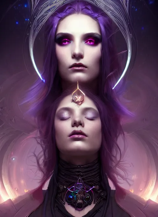 Image similar to a beautiful cinematic female Necromancer Sorceress, galatic shamen with Quantum energy fantasy, fantasy magic, undercut hairstyle, dark light night, intricate, elegant, sharp focus, illustration, highly detailed, digital painting, concept art, matte, art by WLOP and Artgerm and Greg Rutkowski and Alphonse Mucha, masterpiece