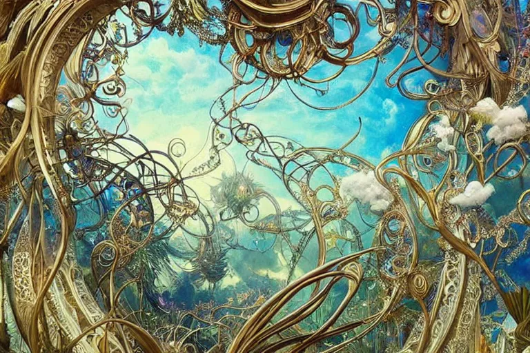 Image similar to a huge flock of many ornate intricate puffy filigreed clouds tangled into large whirling ultra detailed crystal specimens, art nouveau jungle environment, playful, award winning art, epic dreamlike fantasy landscape, ultra realistic,