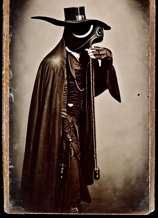 Image similar to 1910s photograph of a futuristic plague doctor in Steampunk leather high fashion Gothic bespoke couture storybook wide shot taken on A poloroid photograph from a large format camera Daguerreotype from the year 3020 in Kodachrome