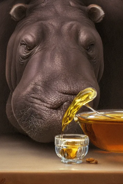 Image similar to a hippo eating cereal oil on canvas, intricate, portrait, 8k highly professionally detailed, HDR, CGsociety