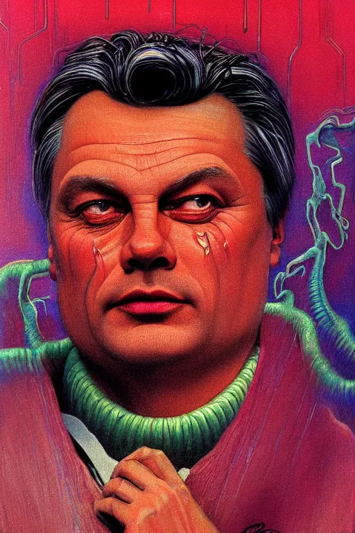 Image similar to 8 0 s art deco close up portait of viktor orban, rain like a dream oil painting curvalinear clothing cinematic dramatic cyberpunk textural fluid lines otherworldly vaporwave interesting details fantasy lut epic composition by basquiat zdzisław beksinski james jean artgerm rutkowski moebius francis bacon gustav klimt