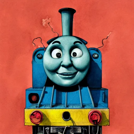 Image similar to watercolor cartoon grunge portrait of gay Thomas the tank engine. intricate abstract, make-up, intricate artwork. Joy, Happiness, drag, by zdzisław Beksiński, wlop, dan mumford , trending on artstation, Greg rutkowski very coherent symmetrical artwork. cinematic, hyper realism, high detail, octane render, 8k