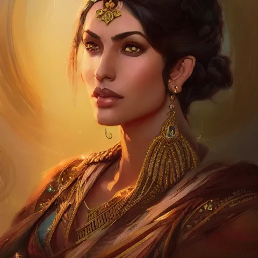 Image similar to indo-persian princess, D&D, painted fantasy character portrait, highly detailed, digital painting, artstation, concept art, sharp focus, illustration, art by artgerm and greg rutkowski and alphonse mucha